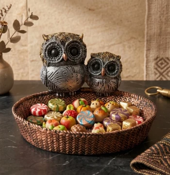 Owl Family Decorative Tray – Antique Finish Trinket Bowl