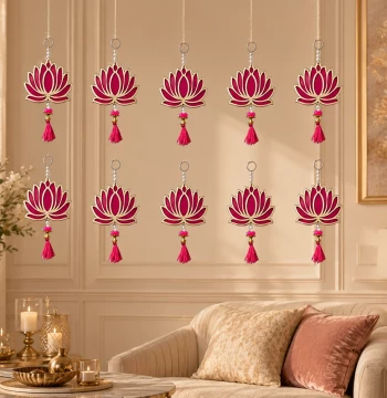 Lotus Wall Hangings Set of 10 - Pink & Gold Festive Decorations