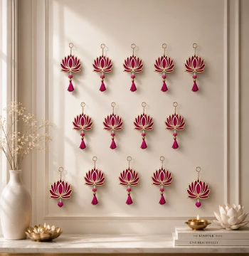 Lotus Wall Hangings Set of 14 - Pink & Gold Festive Decorations