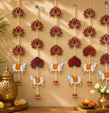 Lotus & Cow Long Line Hangings - Set of 6 Latkans for Door & Wall