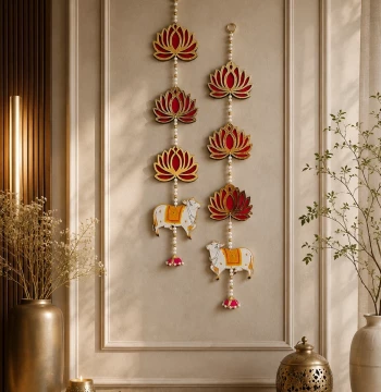 Lotus & Cow Long Line Hangings - Set of 2 Latkans for Door & Wall