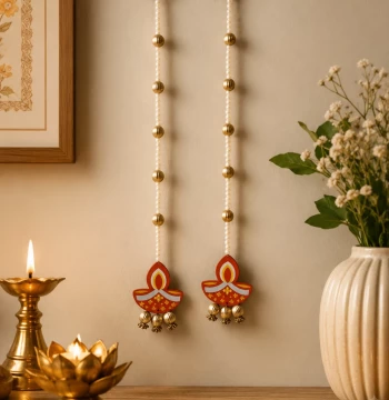 Diya Wall Hanging with Bead Balls - Set of 2 Festive Latkans