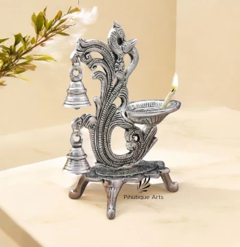 Peacock Metal Diya with Bells - Oxidised Silver Oil Lamp for Pooja