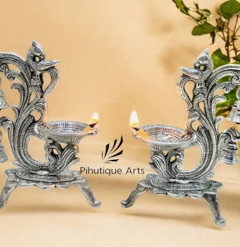 Peacock Metal Diya with Bells - Set of 2 Oxidised Silver Oil Lamps