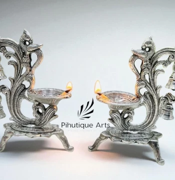 Peacock Metal Diya with Bells - Set of 2 Oxidised Silver Oil Lamps